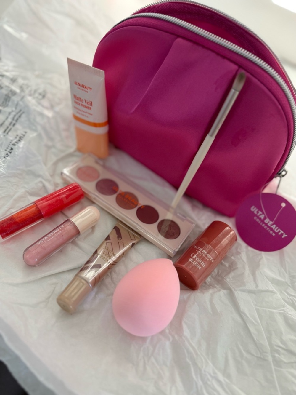 Ulta Beauty Pink Cosmetic Bag Set with Makeup Sponge & Lip/Cheek Products